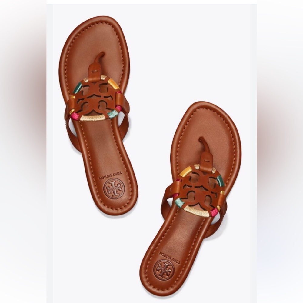 Tory Burch Miller Embroidered Brown Leather Thong Sandals